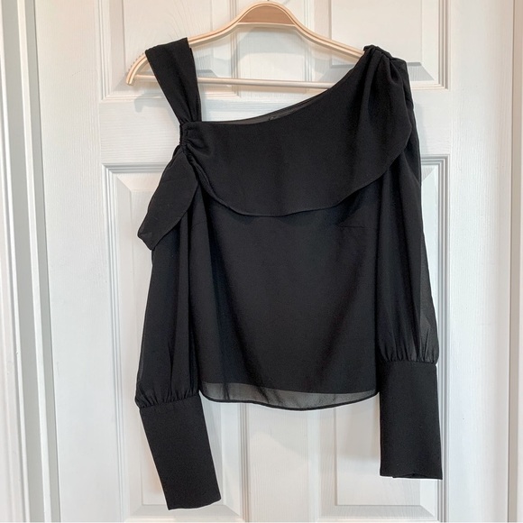 Bebe Black Asymmetrical Chiffon Cuff Detail Soft Blouse Top - Picture 4 of 12